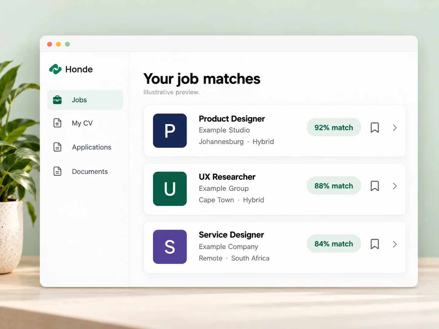 Honde's job list: three roles, each with a match percentage